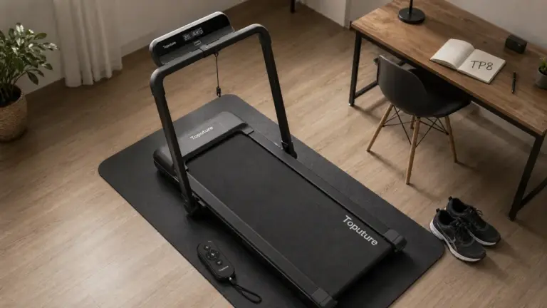 Tapis de course Toputure compact en appartement, déplié sur sol stratifié