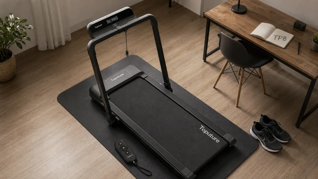 Tapis de course Toputure compact en appartement, déplié sur sol stratifié