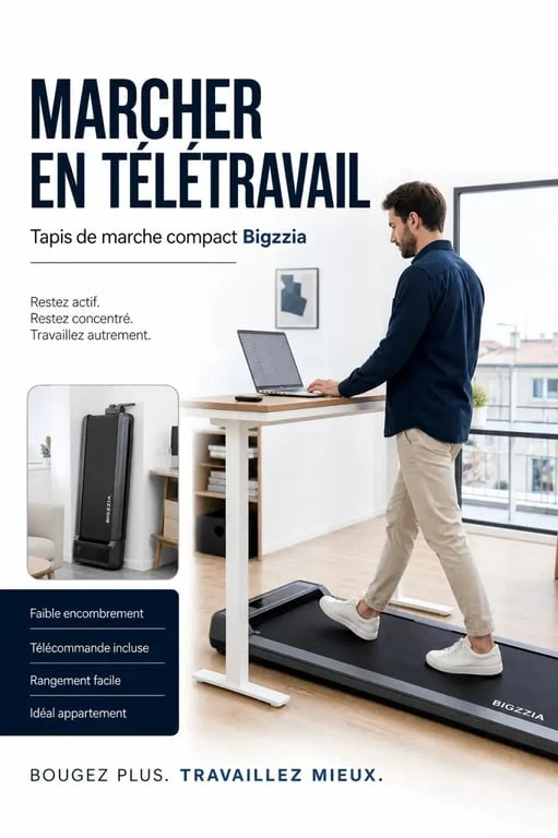 Bigzzia tapis de course compact dans un bureau à domicile, illustrant l’usage en appartement et le rangement facile