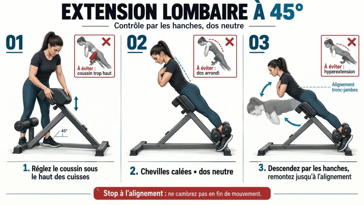 Illustration des étapes de l’extension lombaire au banc à 45 degrés avec réglage et dos neutre