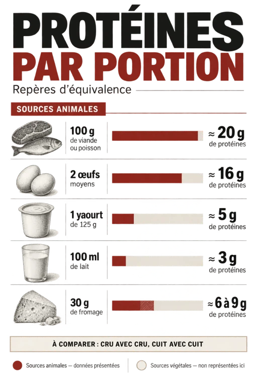 Tableau équivalence protéine : comparaison des apports par portion d'œufs, viande, poisson, lait, yaourt et fromage