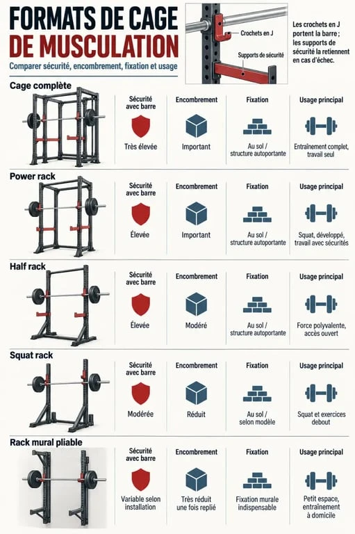 Infographie comparative des formats de cage musculation et de leurs niveaux de sécurité