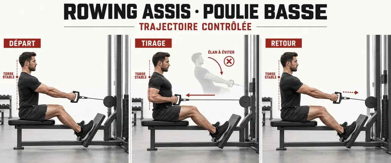 Exercice dos poulie : exécution du rowing assis à la poulie basse