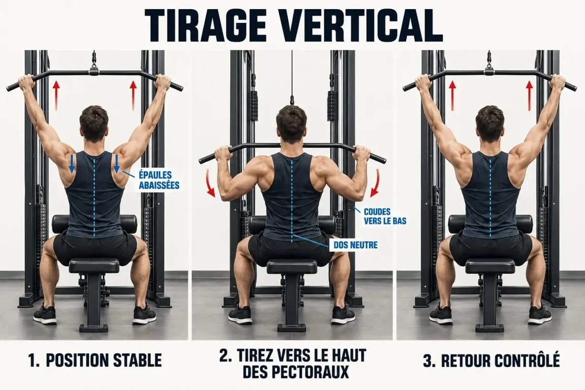 Exercice dos poulie : étapes du tirage vertical à la poulie haute