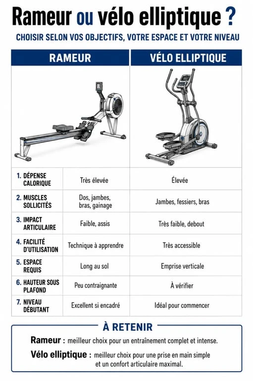 Rameur ou velo elliptique : infographie comparative des critères de choix
