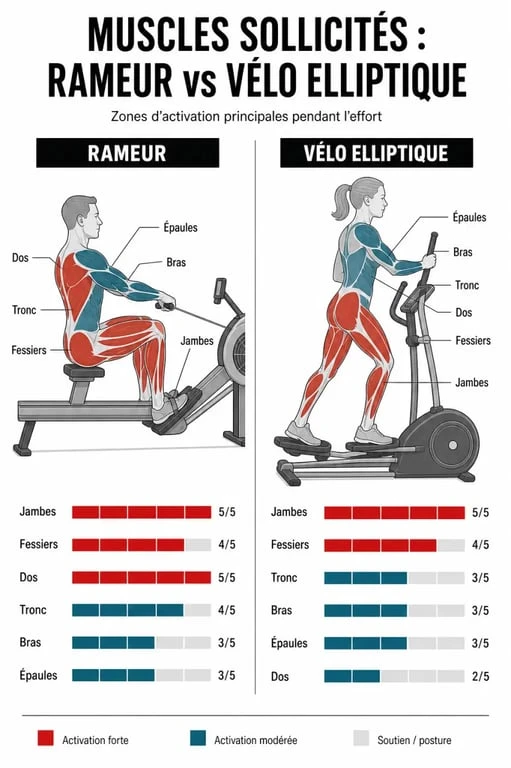 Rameur ou velo elliptique : muscles sollicités comparés en infographie