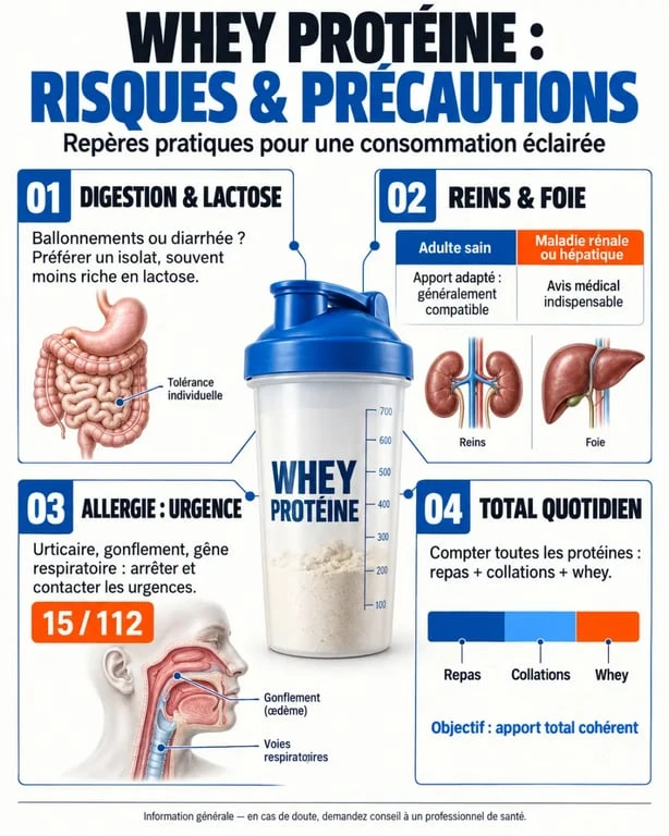 Infographie sur le danger de la whey protéine, la digestion, le lactose et les précautions pour les reins et le foie