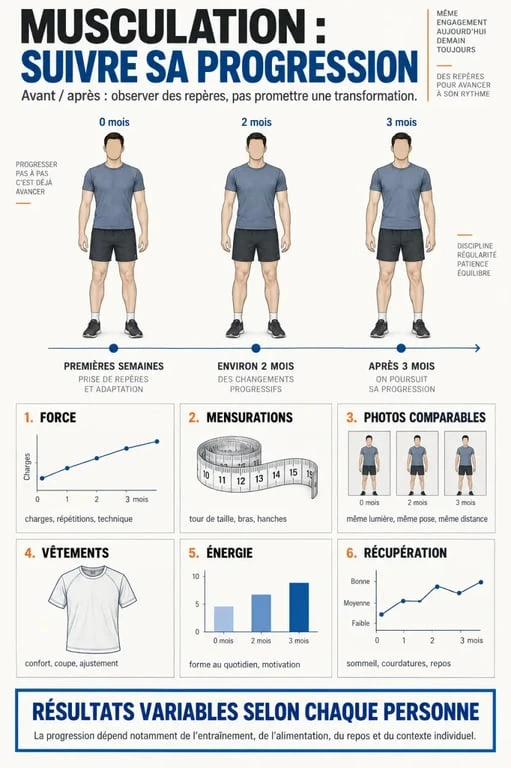 Infographie musculation avant et après : évolution sur trois mois et indicateurs de progression