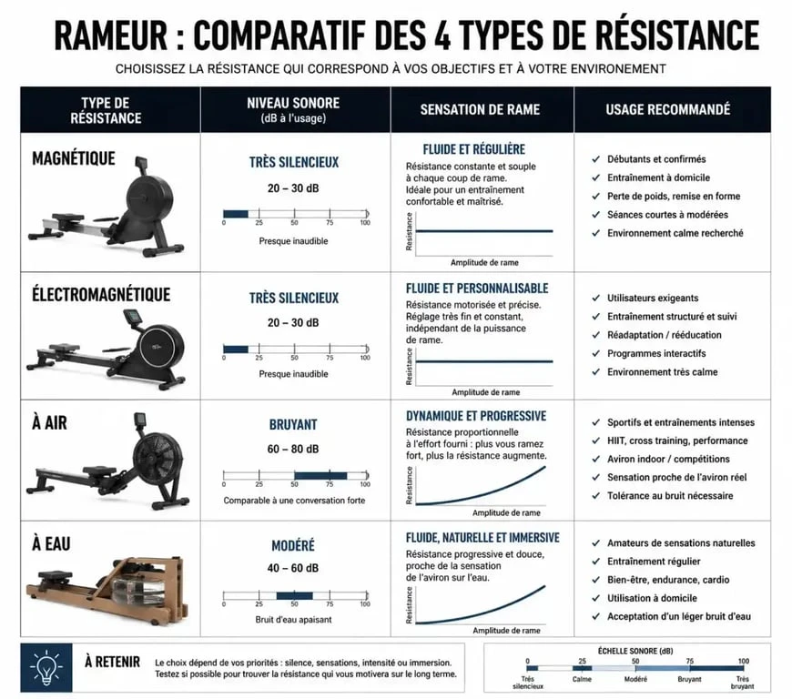 Infographie comparative pour savoir quel rameur choisir selon le type de résistance