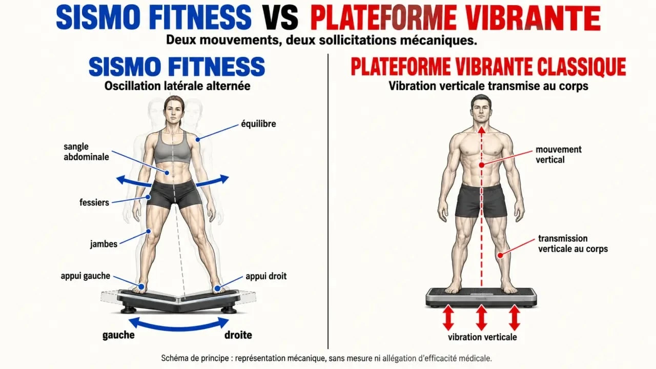 Schéma du fonctionnement du Sismo Fitness et différence entre oscillation latérale et vibration verticale