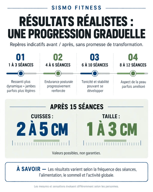 Infographie sur les résultats Sismo Fitness avant après selon le nombre de séances