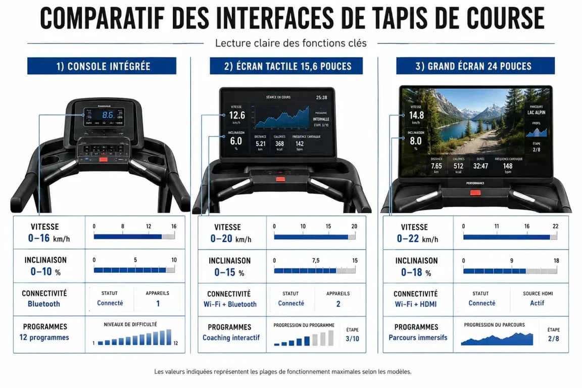Tapis de course avec ecran : comparaison visuelle des écrans tactiles, consoles et supports tablette