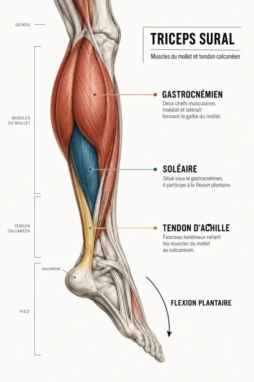 Anatomie des mollets avec gastrocnémien, soléaire et tendon d’Achille