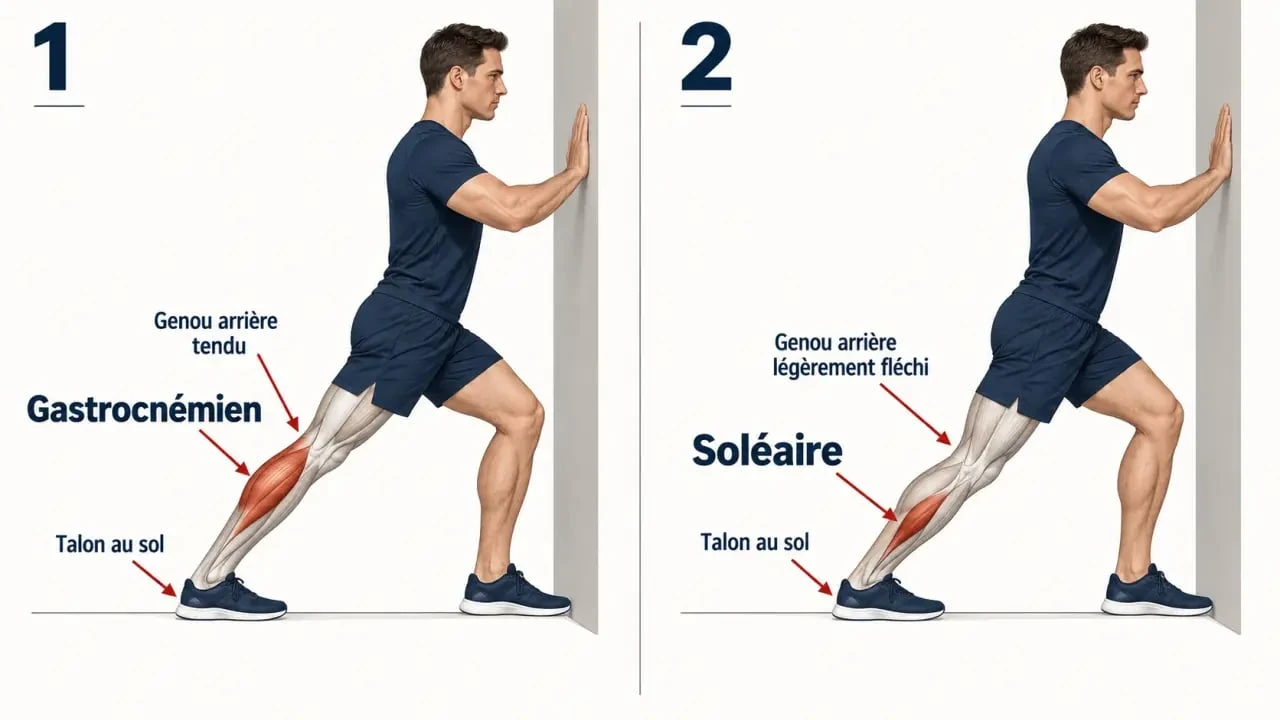 Étirements mollets contre un mur : jambe tendue pour le gastrocnémien et genou fléchi pour le soléaire