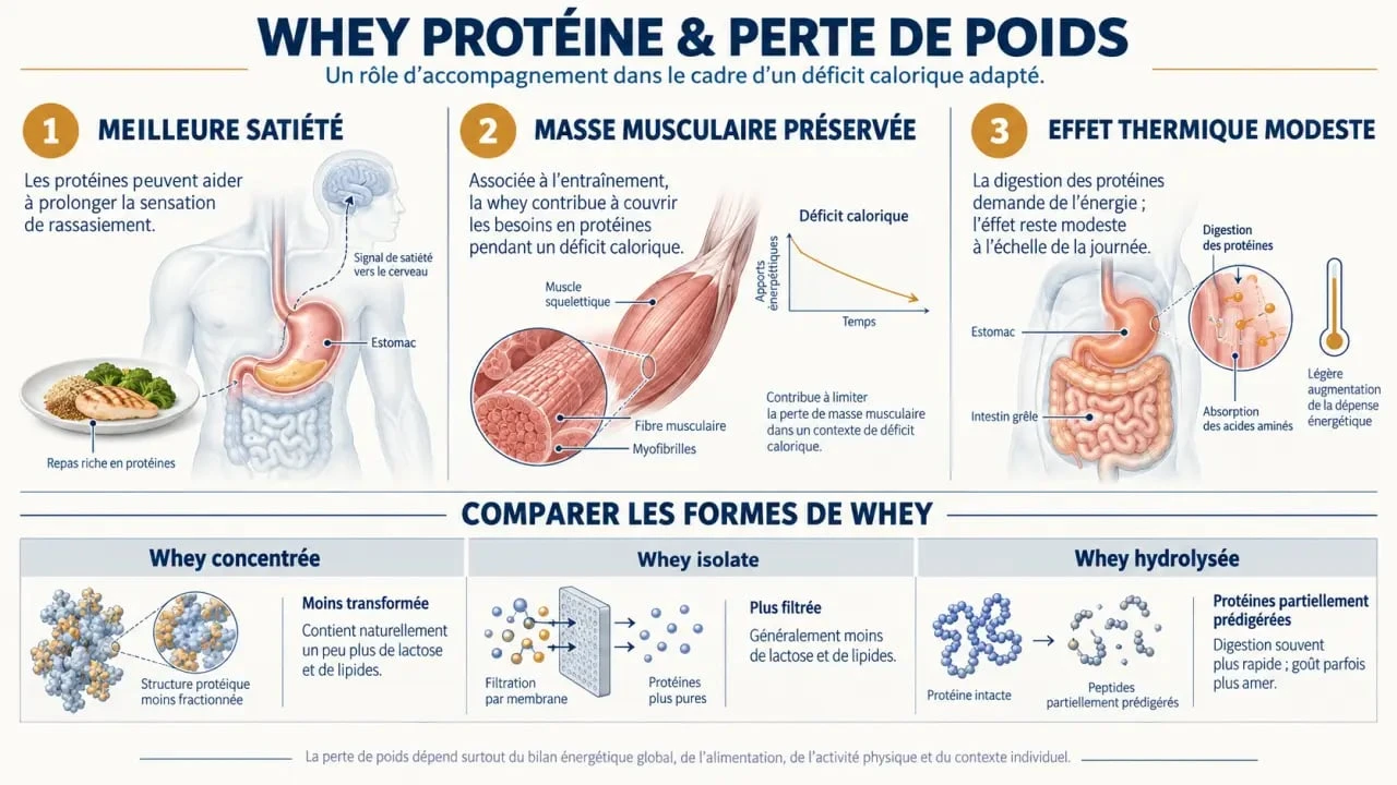 Infographie sur la whey protéine perte de poids, la satiété et la préservation musculaire