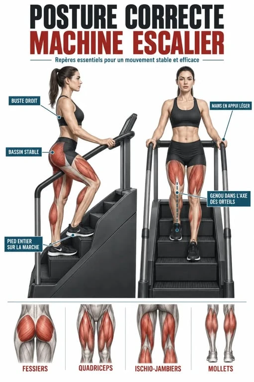 Schéma de posture correcte et des muscles sollicités sur une machine escalier sport