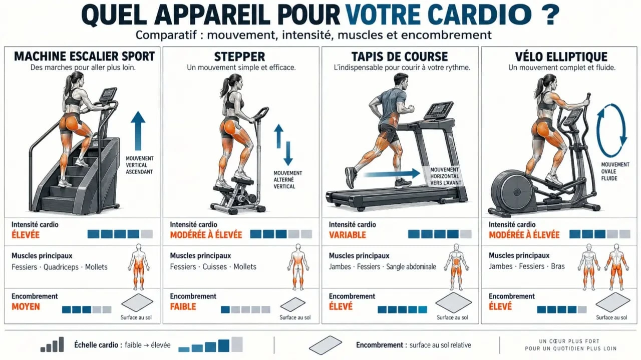 Comparaison visuelle d’une machine escalier sport avec un stepper, un tapis de course et un vélo elliptique