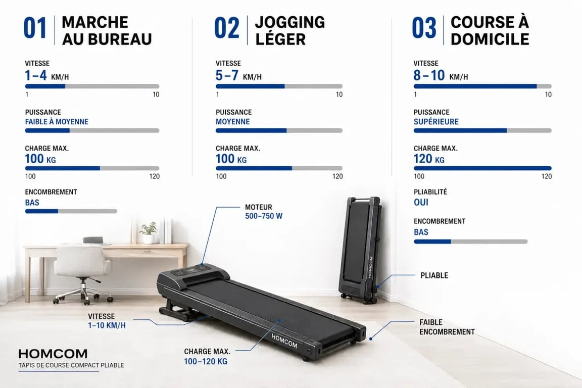 Tapis de course HOMCOM : visuel comparatif des vitesses, puissances et encombrements selon l’usage