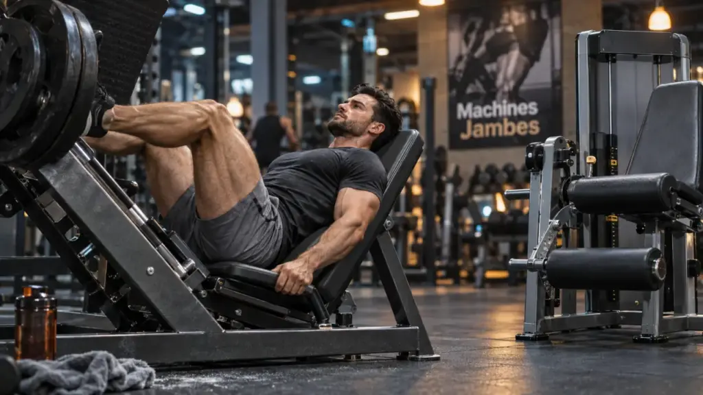 Machine musculation jambe : presse à cuisses et leg extension en salle