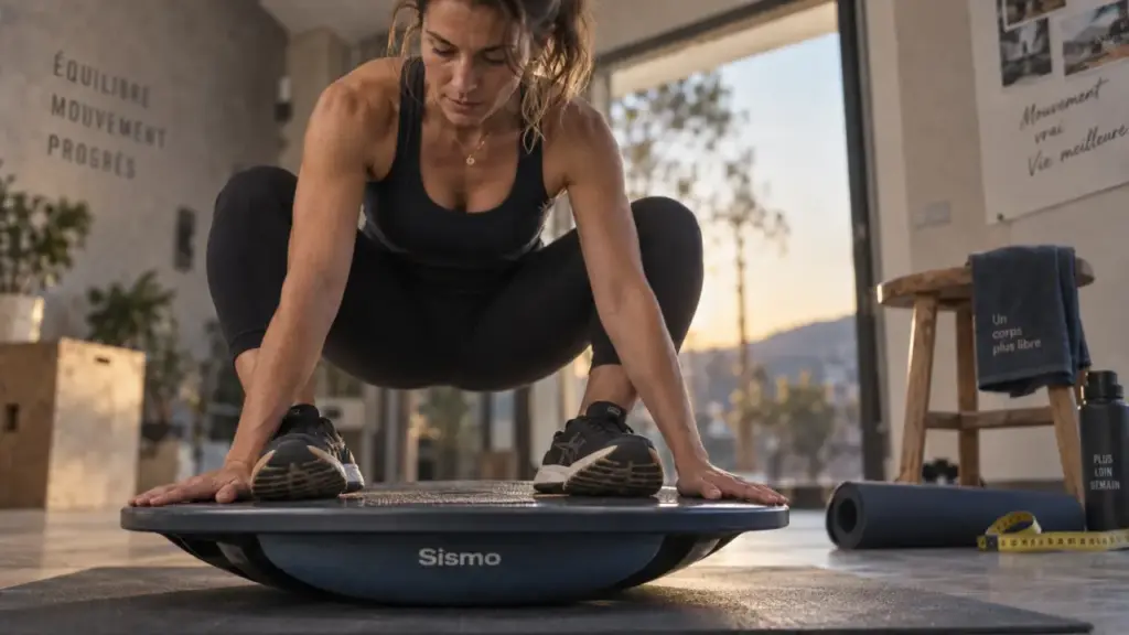 Sismo fitness avant apres : femme en squat sur plateforme oscillante