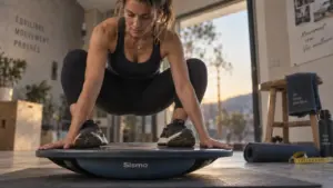 Sismo fitness avant apres : femme en squat sur plateforme oscillante