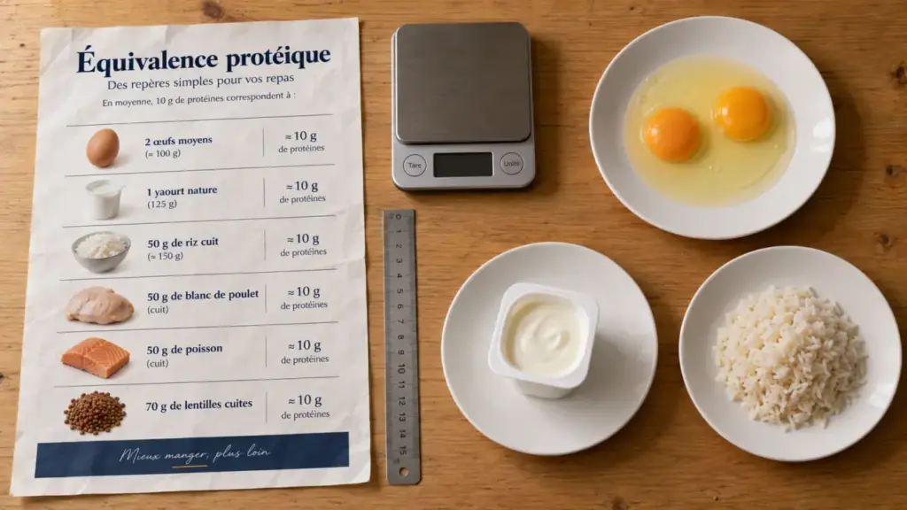 Tableau équivalence protéine : 100 g viande, 2 œufs et options végétales