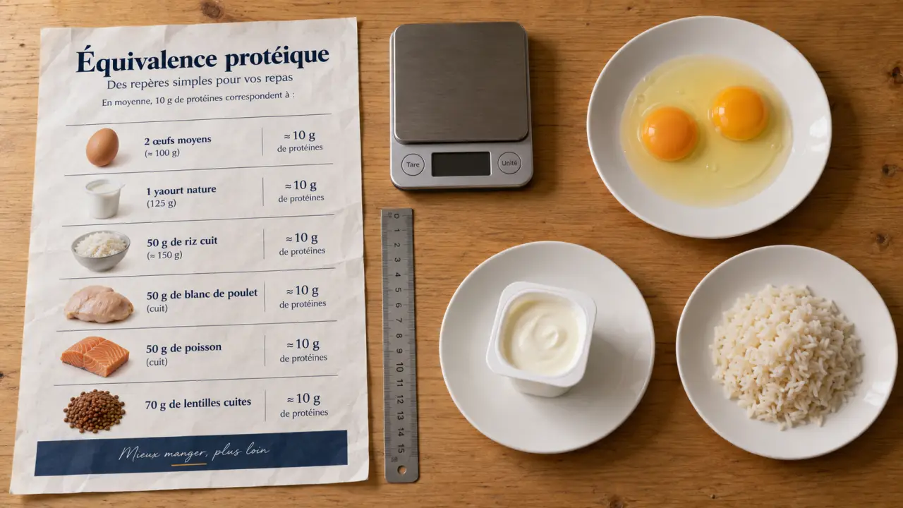 Tableau équivalence protéine : 100 g viande, 2 œufs et options végétales