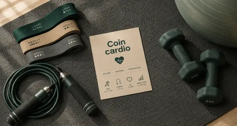 Accessoires fitness : tapis, élastiques, haltères et corde à sauter