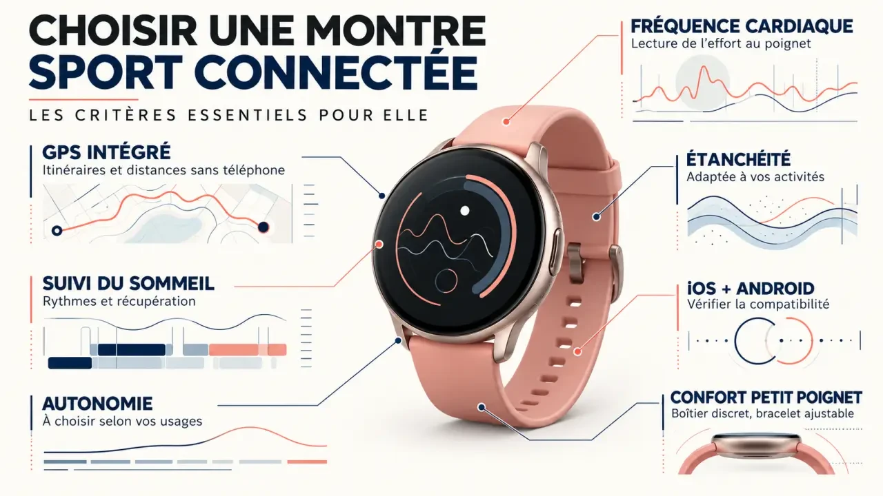 Infographie des critères pour choisir une montre sport femme connectée
