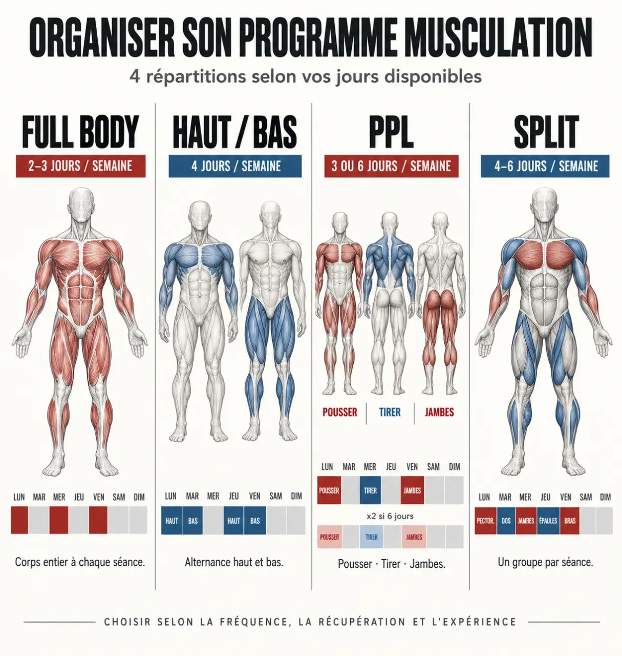 Infographie d’un programme musculation salle comparant full body, haut-bas, PPL et split