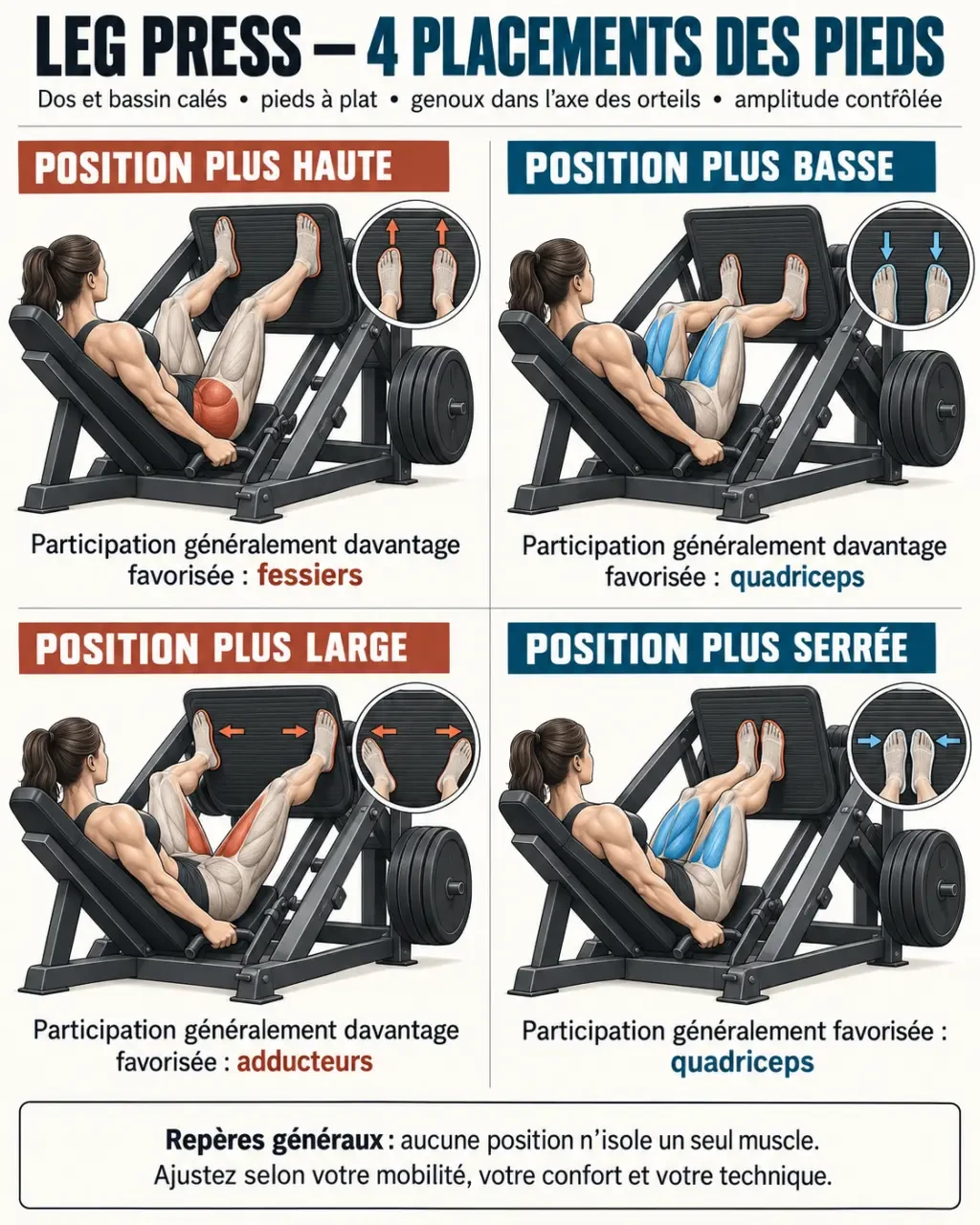 Leg press fessiers : comparaison des placements de pieds hauts, bas, larges et serrés