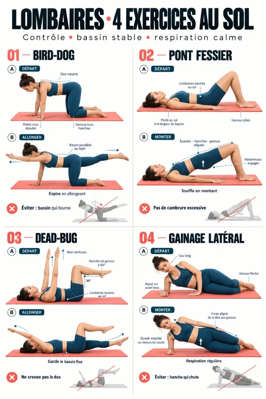 Illustration des exercices de renforcement musculaire lombaire à la maison