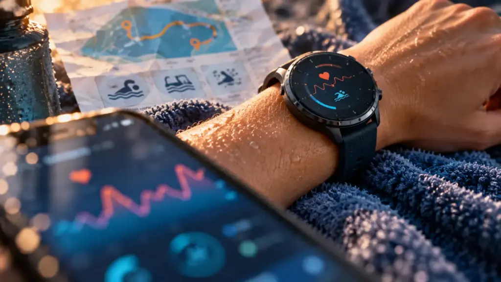 Montre sport femme connectée GPS et natation, écran cardio sur poignet