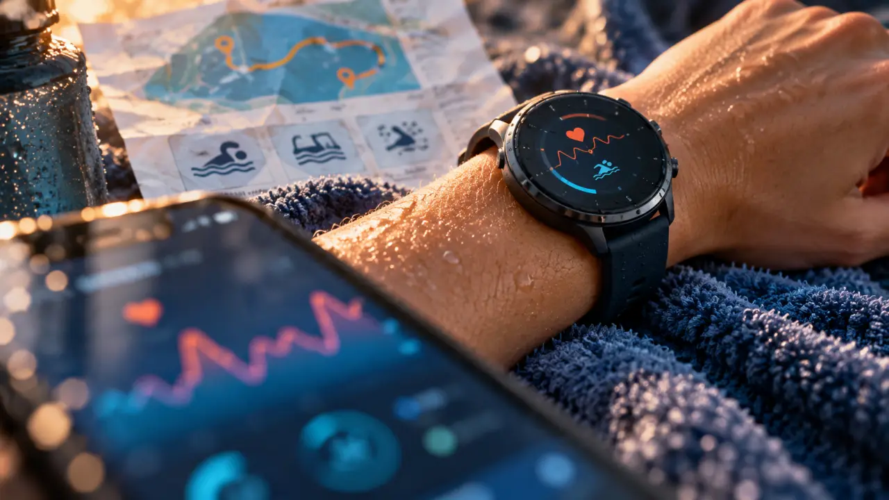 Montre sport femme connectée GPS et natation, écran cardio sur poignet