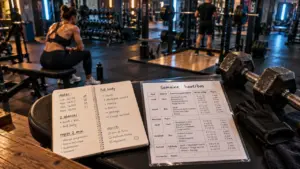 Programme musculation salle : séances 2, 3 ou 4 jours, carnet et haltères