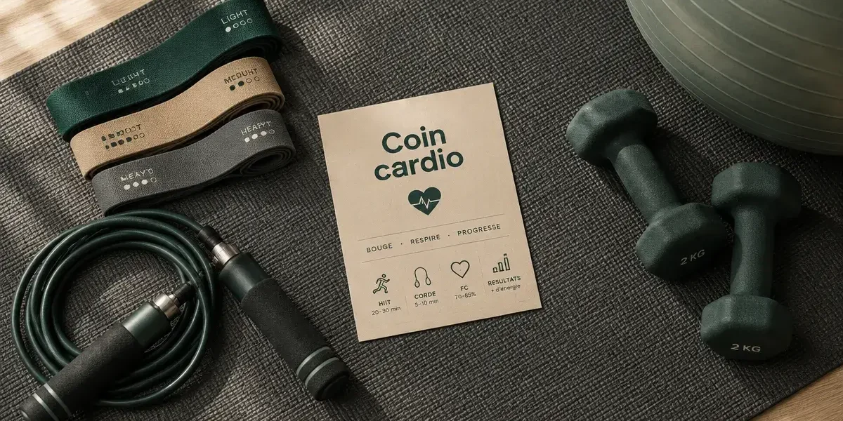 Accessoires fitness : tapis, élastiques, haltères et corde à sauter