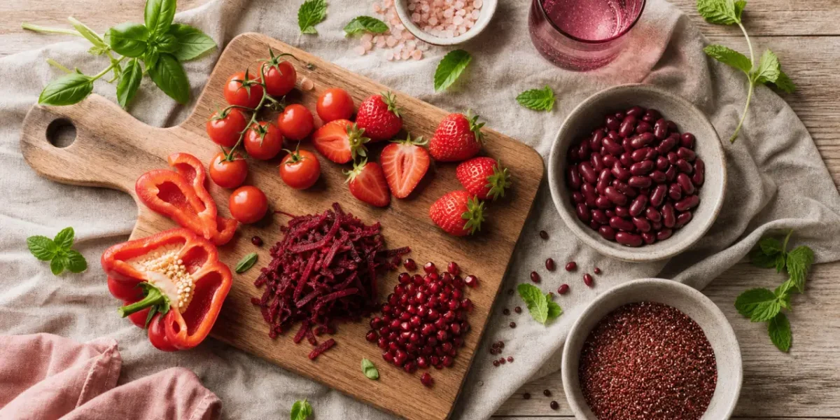 Aliment rouge : tomates, fraises, betterave et bols pour cuisiner de saison