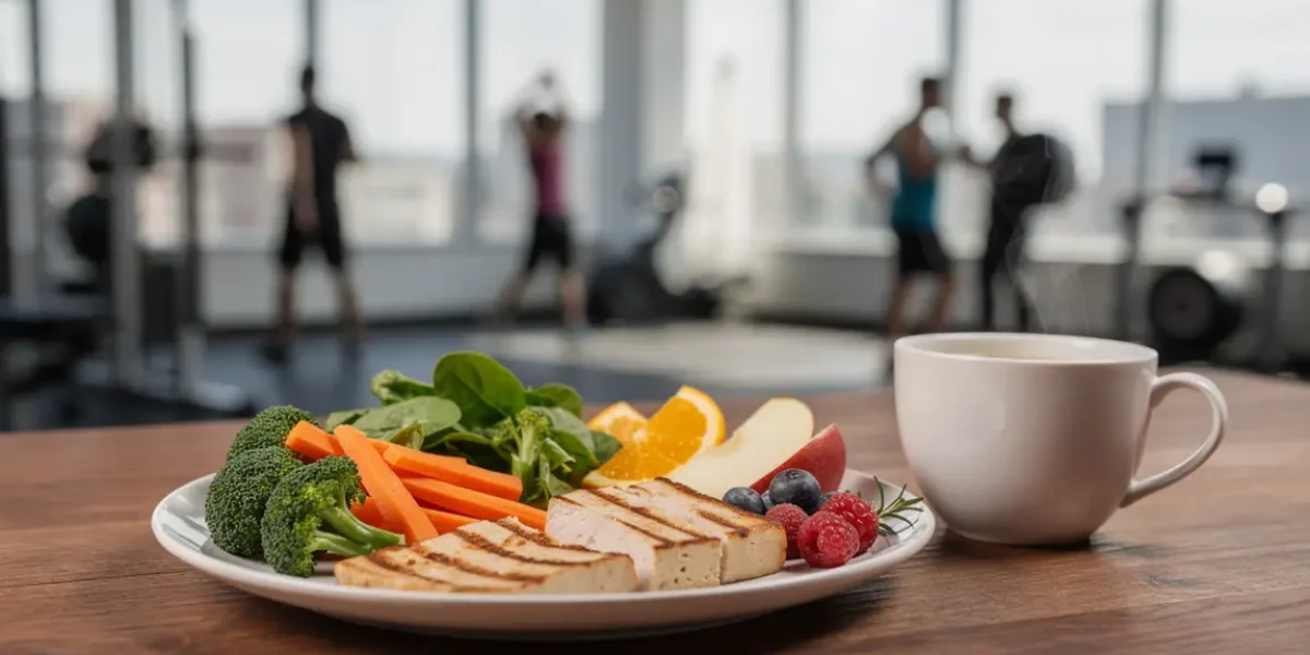 Assiette équilibrée brûle-graisses avec légumes, fruits, protéines maigres, thé vert, salle de sport