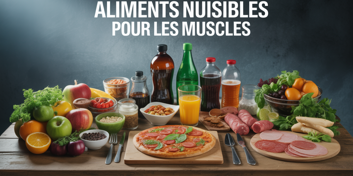 Grande table avec aliments mauvais pour les muscles à droite et aliments sains à gauche
