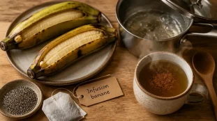 Banane bouillie bienfaits : tasse d’infusion de banane fumante