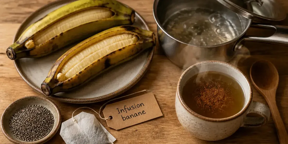 Banane bouillie bienfaits : tasse d’infusion de banane fumante