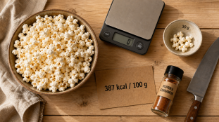 Calories 100g pop corn nature : 387 kcal/100 g, collation saine