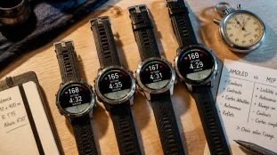 Comparatif garmin forerunner : montres Garmin sur fond bois