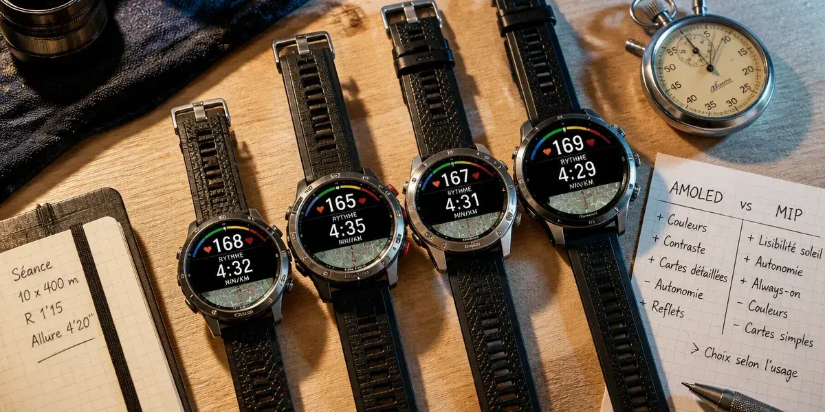 Comparatif garmin forerunner : montres Garmin sur fond bois