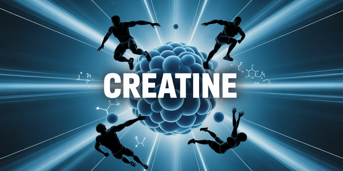 Creatine molecule et silhouettes sportives, rayons d'energie