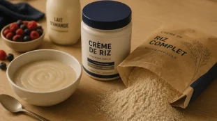Crème de riz nutrimuscle, bol et poudre de riz complet pour booster la performance