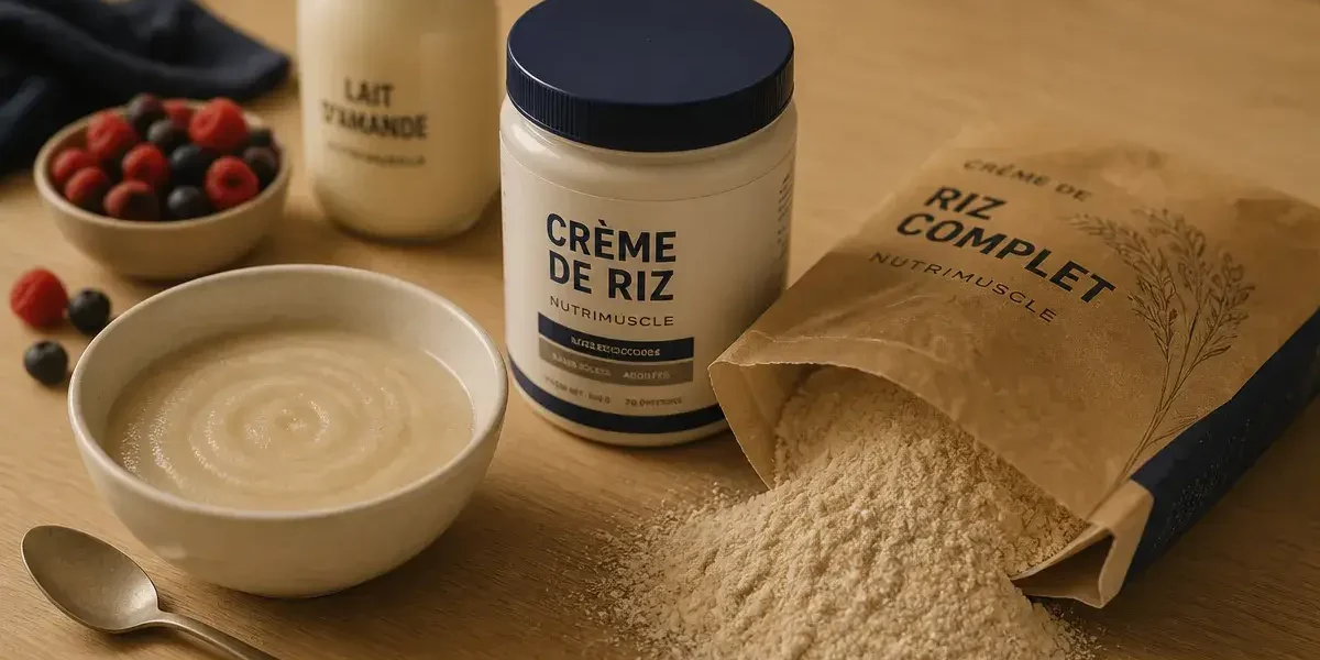 Crème de riz nutrimuscle, bol et poudre de riz complet pour booster la performance