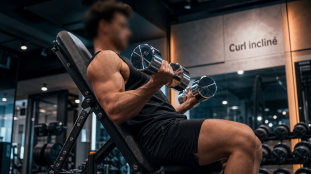 Curl incliné haltères, coudes fixes, descente lente pour biceps
