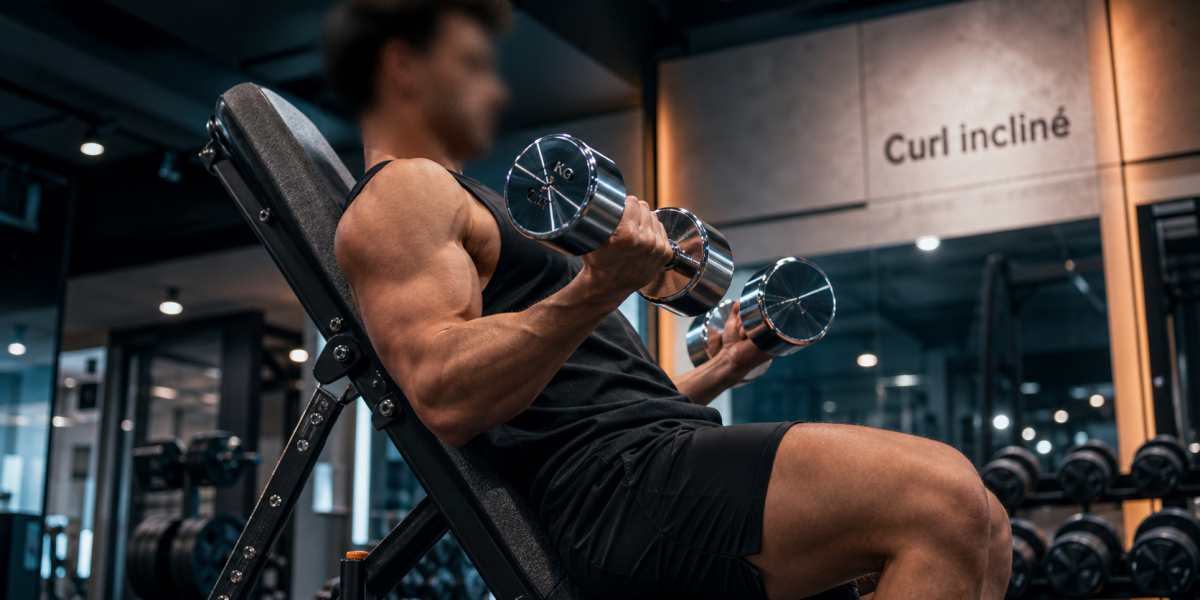 Curl incliné haltères, coudes fixes, descente lente pour biceps
