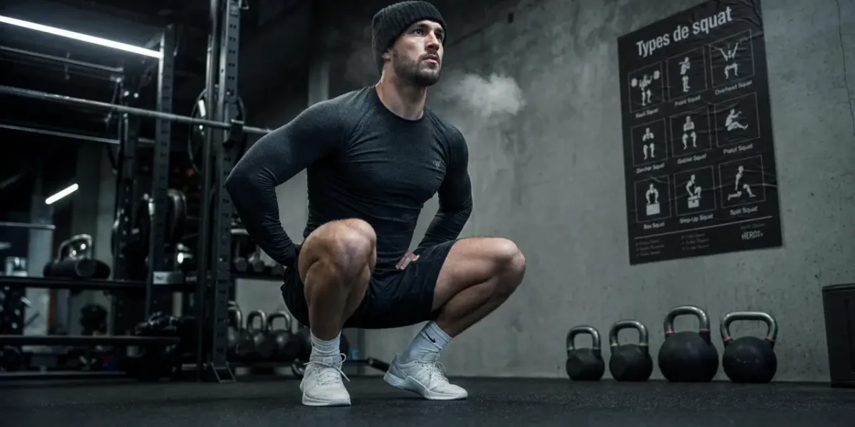 Different type de squat : squat traditionnel en salle, vue hanches